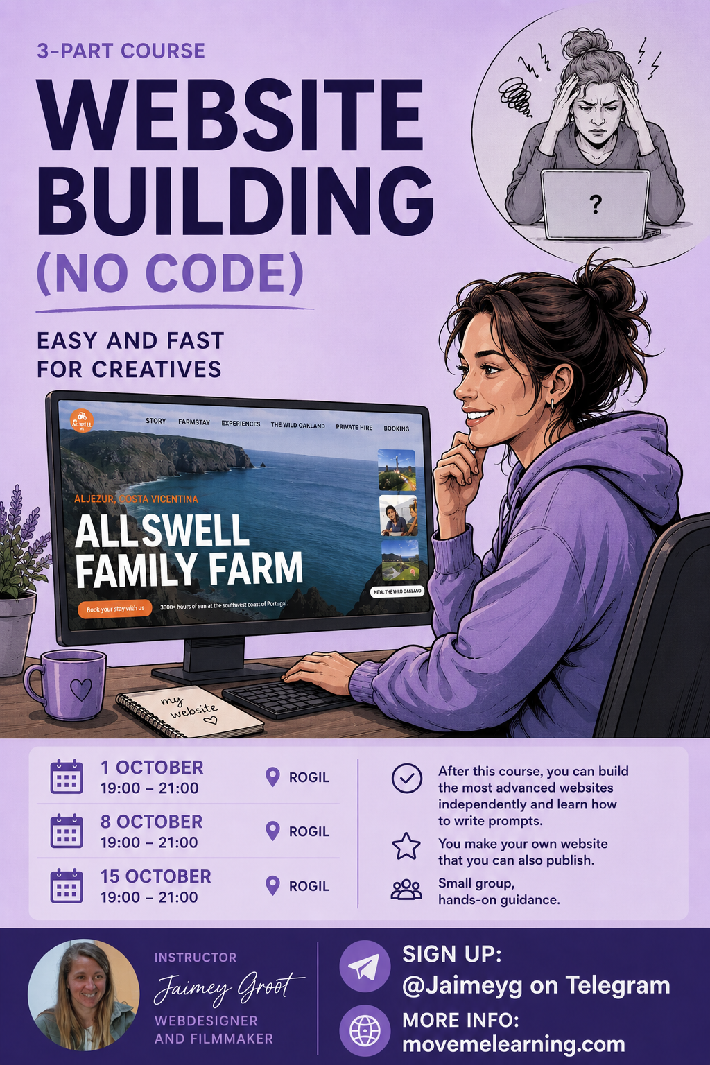 Poster for the three-part Website Building (No Code) with AI course in Rogil